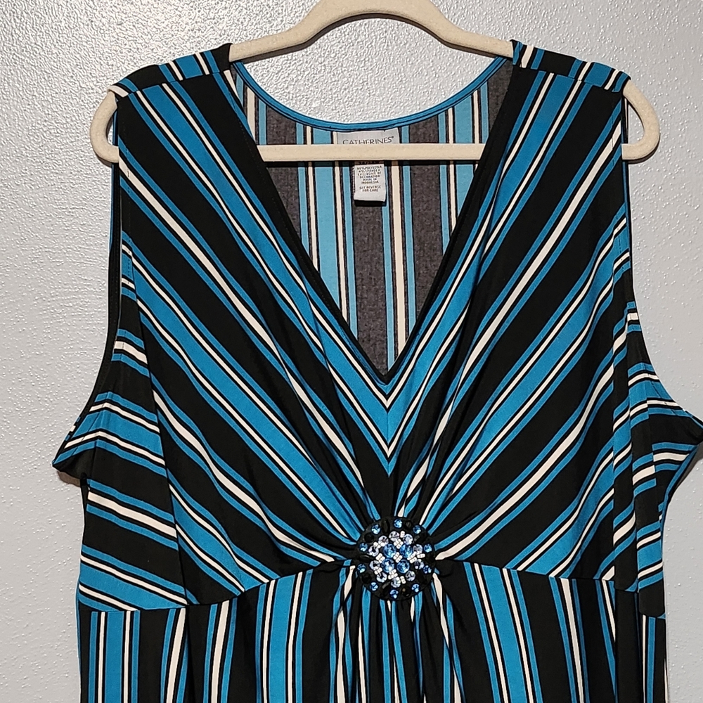 CATHERINES Dress Plus 3X Black Blue Stripe Sleeveless Beads Bling Resort Cruise - Picture 4 of 8